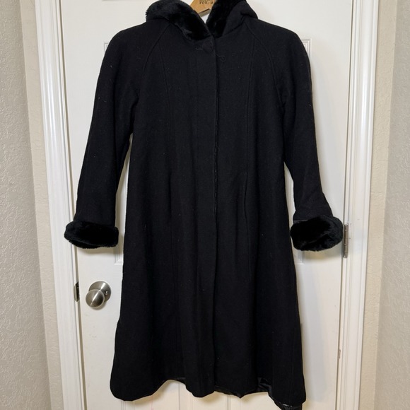 Stephanie Mathews Girls 100% Wool Black Hooded Dress Coat Overcoat - Size 12